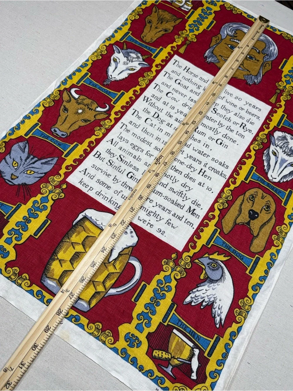 Vintage Irish Linen Tea Towel with Animal Motif and Poem - Red, Yellow, Blue